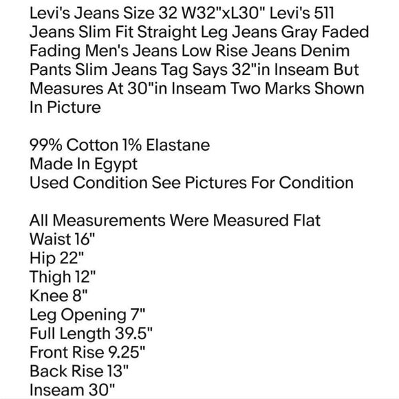 Levi's Jeans Size 32 W32"xL30" Levi's 511 Jeans Slim Fit Straight Leg Jeans Gray - Picture 2 of 8